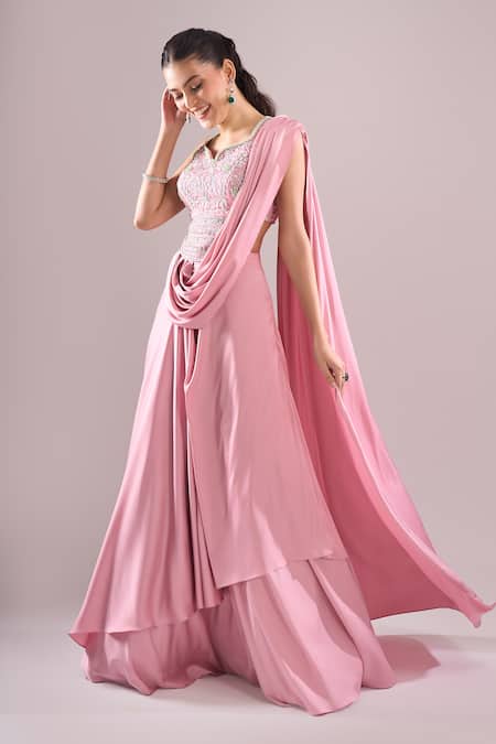 Shop_Samyukta Singhania_Pink Satin Beads, Sequins, Embroidery Hand Blouse And Draped Lehenga Set _Online_at_Aza_Fashions