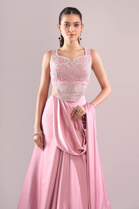 Samyukta Singhania_Pink Satin Beads, Sequins, Embroidery Hand Blouse And Draped Lehenga Set _at_Aza_Fashions