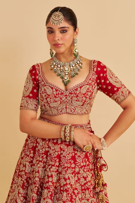 Shop_Sheetal Batra_Red , Organza Embroidery, Zari Sweetheart Sanaa Bridal Lehenga Set 