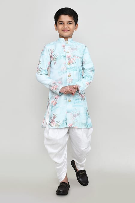 Petite Pomme Blue Cotton, Silk Floral Print Kurta And Patiala Pant Set 