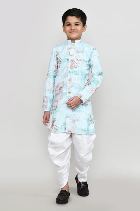 Buy_Petite Pomme_Blue Cotton, Silk Floral Print Kurta And Patiala Pant Set _Online_at_Aza_Fashions