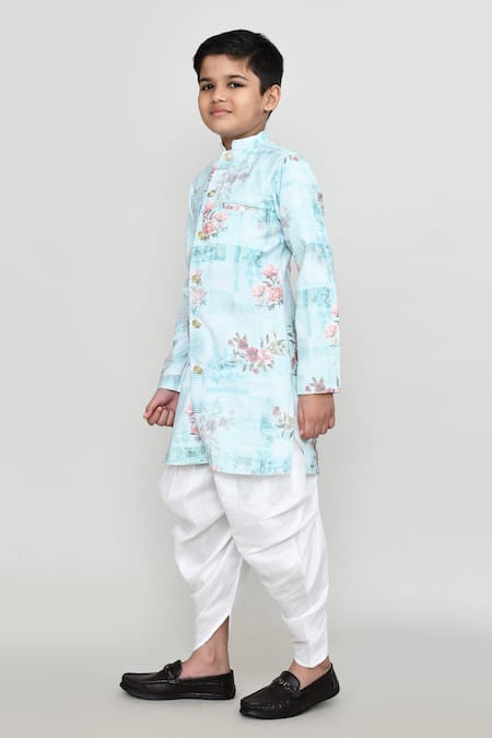 Shop_Petite Pomme_Blue Cotton, Silk Floral Print Kurta And Patiala Pant Set _Online_at_Aza_Fashions