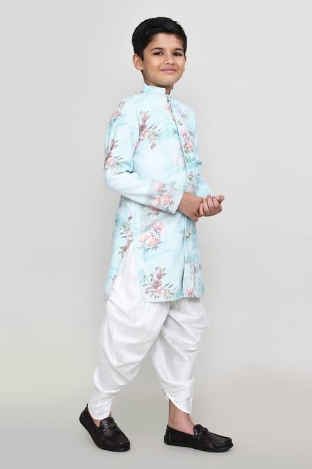 Petite Pomme_Blue Cotton, Silk Floral Print Kurta And Patiala Pant Set _at_Aza_Fashions