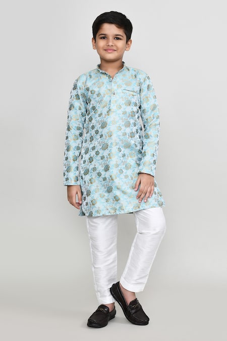 Petite Pomme Sky Blue Jacquard, Shantoon Kurta And Pant Set 