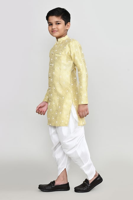 Shop_Petite Pomme_Gold Jacquard, Silk Pattern Kurta And Patiala Pant Set _Online_at_Aza_Fashions