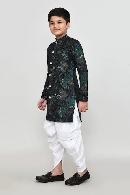 Shop_Petite Pomme_Black Jacquard, Silk Kurta And Patiala Pant Set _Online_at_Aza_Fashions