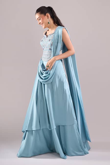 Buy_Samyukta Singhania_Sky Blue Satin Beads, Embroidery, Stones Hand Draped Lehenga And Blouse Set _Online_at_Aza_Fashions