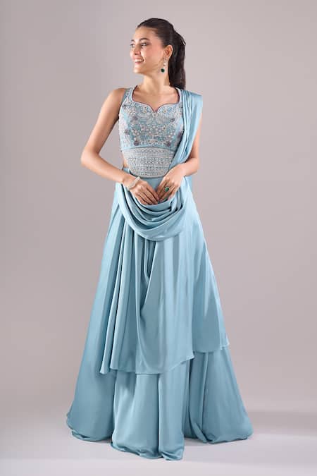 Shop_Samyukta Singhania_Sky Blue Satin Beads, Embroidery, Stones Hand Draped Lehenga And Blouse Set _Online_at_Aza_Fashions