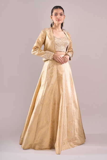 Shop_Samyukta Singhania_Gold Brocade Embroidery, Sequins Sweetheart Neck, Hand Lehenga Set With Cape _Online_at_Aza_Fashions