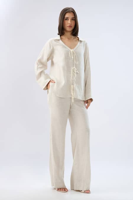 Raw & Rustic By Niti Bothra Beige Linen V-neck, Collared Tie-up Shirt With Pant at Aza Fashions Raw & Rustic By Niti Bothra_Beige Linen V-neck, Collared Tie-up Shirt With Pant _at_Aza_Fashions