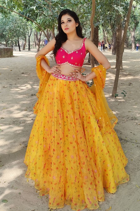 Amaltas Couture Yellow Organza, Silk Zari, Sequins, Embroidery Sweetheart Weaving Lehenga Set 