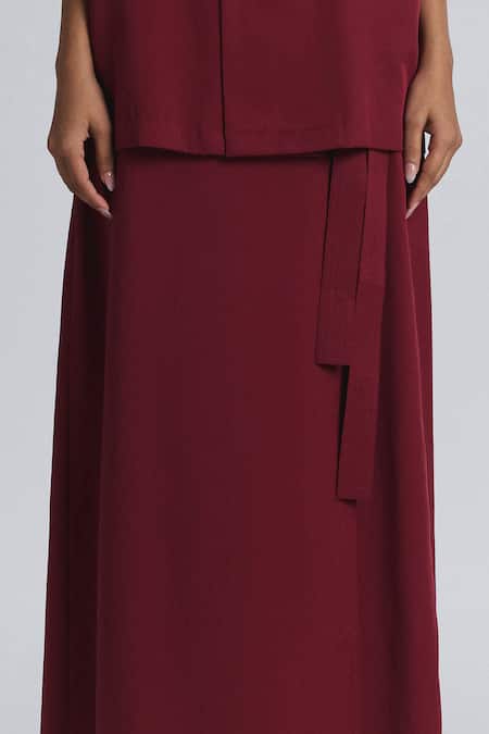 Line Out Line Maroon Tencel, Twill Long Skirt With Tie-up Detail Online at Aza Fashions Line Out Line_Maroon Tencel, Twill Long Skirt With Tie-up Detail _Online_at_Aza_Fashions