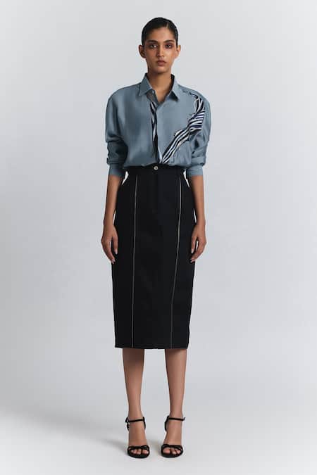 Line Out Line Denim Twill Midi Skirt