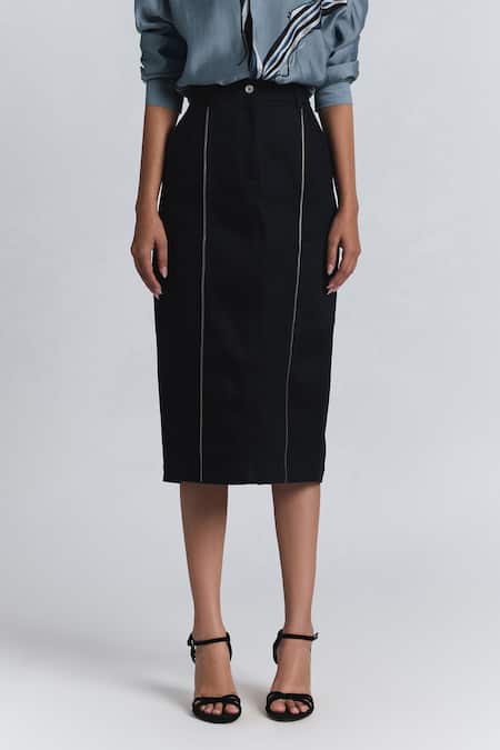 Line Out Line_Navy Denim Twill Midi Skirt _Online_at_Aza_Fashions