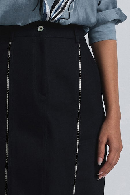 Buy_Line Out Line_Navy Denim Twill Midi Skirt _Online_at_Aza_Fashions