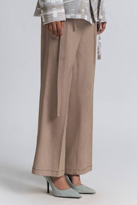 Line Out Line Beige Denim Wide Legged Trouser Online at Aza Fashions Line Out Line_Beige Denim Wide Legged Trouser _Online_at_Aza_Fashions