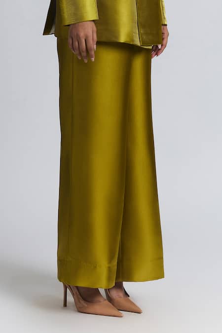Line Out Line Yellow Polyester Wide Legged Trouser Online at Aza Fashions Line Out Line_Yellow Polyester Wide Legged Trouser _Online_at_Aza_Fashions