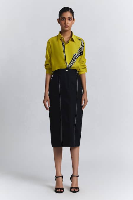 Line Out Line_Yellow Chanderi Embroidery Collared, V-neck Abstract Shirt _Online_at_Aza_Fashions