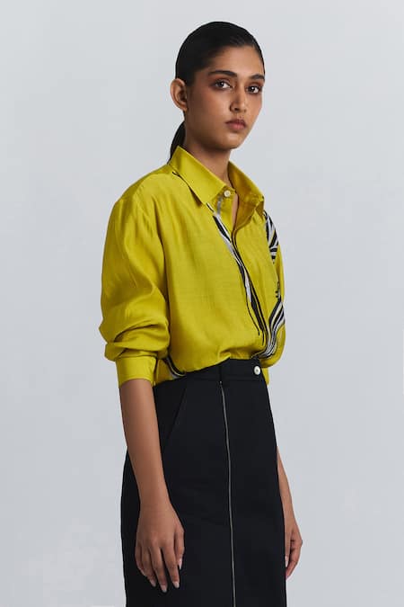 Buy_Line Out Line_Yellow Chanderi Embroidery Collared, V-neck Abstract Shirt _Online_at_Aza_Fashions