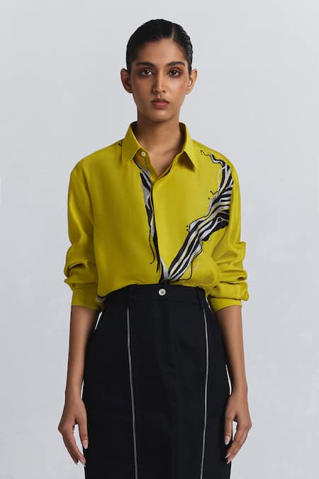 Line Out Line Yellow Chanderi Embroidery Collared, V-neck Abstract Shirt 