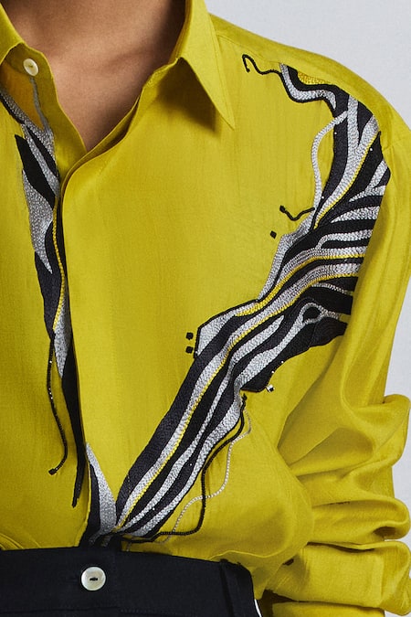 Shop_Line Out Line_Yellow Chanderi Embroidery Collared, V-neck Abstract Shirt _Online_at_Aza_Fashions
