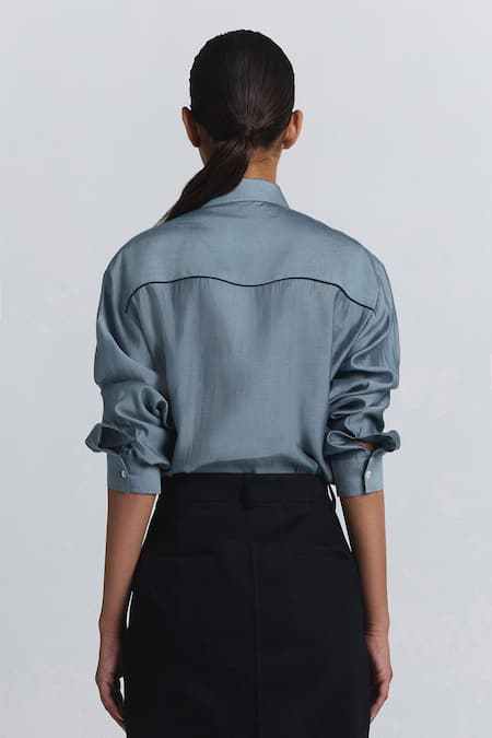 Shop Line Out Line Gray Chanderi Embroidery, Sequins Collared, V-neck Abstract Shirt at Aza Fashions Shop_Line Out Line_Gray Chanderi Embroidery, Sequins Collared, V-neck Abstract Shirt _at_Aza_Fashions