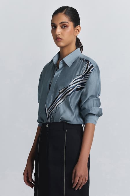 Buy Line Out Line Gray Chanderi Embroidery, Sequins Collared, V-neck Abstract Shirt Online at Aza Fashions Buy_Line Out Line_Gray Chanderi Embroidery, Sequins Collared, V-neck Abstract Shirt _Online_at_Aza_Fashions