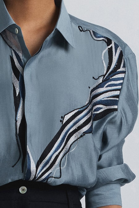 Shop Line Out Line Gray Chanderi Embroidery, Sequins Collared, V-neck Abstract Shirt Online at Aza Fashions Shop_Line Out Line_Gray Chanderi Embroidery, Sequins Collared, V-neck Abstract Shirt _Online_at_Aza_Fashions