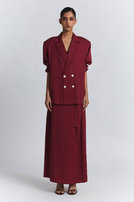 Line Out Line Maroon Tencel, Twill Collared, V-neck Puff Sleeve Shirt Online at Aza Fashions Line Out Line_Maroon Tencel, Twill Collared, V-neck Puff Sleeve Shirt _Online_at_Aza_Fashions