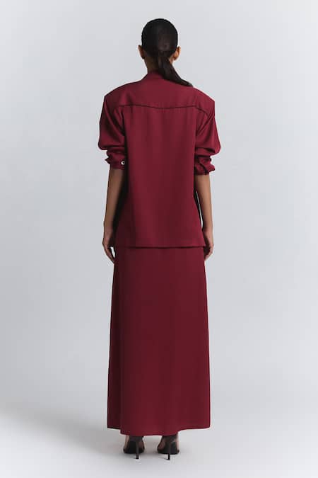 Buy Line Out Line Maroon Tencel, Twill Collared, V-neck Puff Sleeve Shirt Online at Aza Fashions Buy_Line Out Line_Maroon Tencel, Twill Collared, V-neck Puff Sleeve Shirt _Online_at_Aza_Fashions