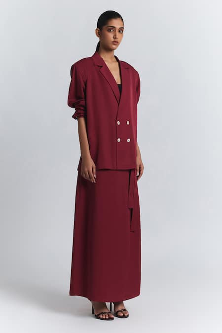 Shop Line Out Line Maroon Tencel, Twill Collared, V-neck Puff Sleeve Shirt Online at Aza Fashions Shop_Line Out Line_Maroon Tencel, Twill Collared, V-neck Puff Sleeve Shirt _Online_at_Aza_Fashions
