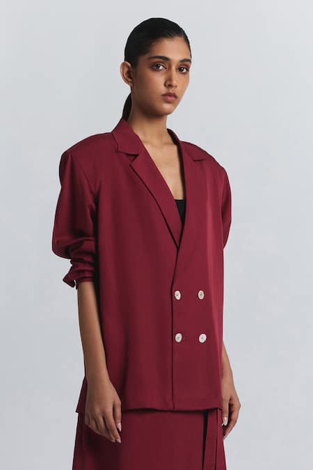 Line Out Line Maroon Tencel, Twill Collared, V-neck Puff Sleeve Shirt at Aza Fashions Line Out Line_Maroon Tencel, Twill Collared, V-neck Puff Sleeve Shirt _at_Aza_Fashions