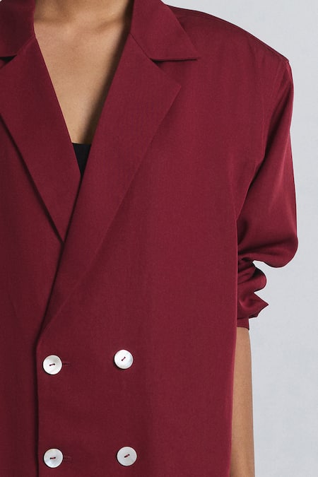 Buy Line Out Line Maroon Tencel, Twill Collared, V-neck Puff Sleeve Shirt Buy_Line Out Line_Maroon Tencel, Twill Collared, V-neck Puff Sleeve Shirt