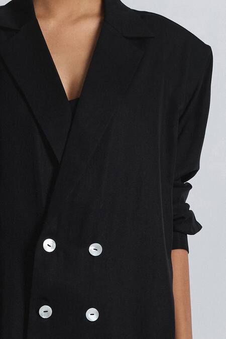Line Out Line Black Twill Collared, V-neck Puff Sleeve Shirt Online at Aza Fashions Line Out Line_Black Twill Collared, V-neck Puff Sleeve Shirt _Online_at_Aza_Fashions