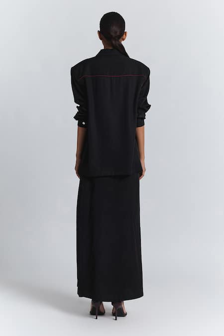 Buy Line Out Line Black Twill Collared, V-neck Puff Sleeve Shirt Online at Aza Fashions Buy_Line Out Line_Black Twill Collared, V-neck Puff Sleeve Shirt _Online_at_Aza_Fashions