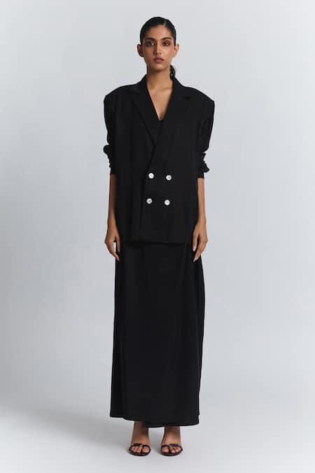 Shop Line Out Line Black Twill Collared, V-neck Puff Sleeve Shirt Online at Aza Fashions Shop_Line Out Line_Black Twill Collared, V-neck Puff Sleeve Shirt _Online_at_Aza_Fashions