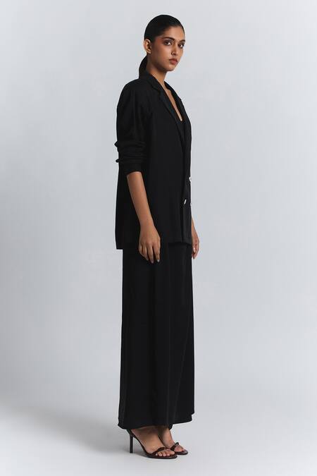 Line Out Line Black Twill Collared, V-neck Puff Sleeve Shirt at Aza Fashions Line Out Line_Black Twill Collared, V-neck Puff Sleeve Shirt _at_Aza_Fashions