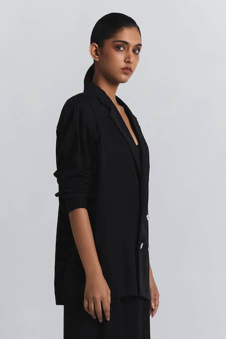 Buy Line Out Line Black Twill Collared, V-neck Puff Sleeve Shirt Buy_Line Out Line_Black Twill Collared, V-neck Puff Sleeve Shirt