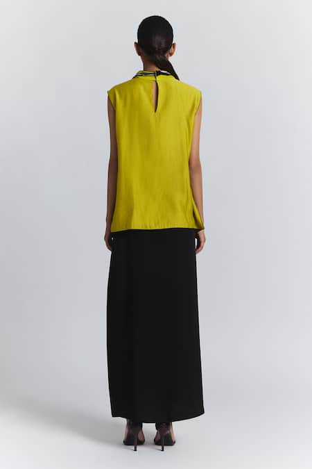 Line Out Line Yellow Chanderi High , Keyhole Sequined Abstract Pattern Vest Top Online at Aza Fashions Line Out Line_Yellow Chanderi High , Keyhole Sequined Abstract Pattern Vest Top _Online_at_Aza_Fashions