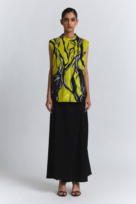 Shop Line Out Line Yellow Chanderi High , Keyhole Sequined Abstract Pattern Vest Top Online at Aza Fashions Shop_Line Out Line_Yellow Chanderi High , Keyhole Sequined Abstract Pattern Vest Top _Online_at_Aza_Fashions