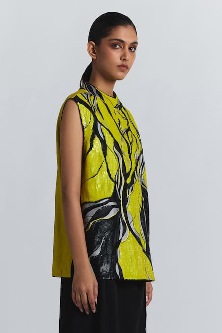 Line Out Line Yellow Chanderi High , Keyhole Sequined Abstract Pattern Vest Top at Aza Fashions Line Out Line_Yellow Chanderi High , Keyhole Sequined Abstract Pattern Vest Top _at_Aza_Fashions
