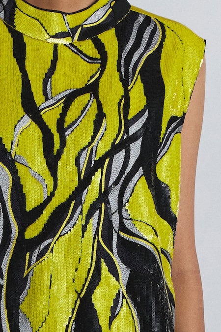 Buy Line Out Line Yellow Chanderi High , Keyhole Sequined Abstract Pattern Vest Top Buy_Line Out Line_Yellow Chanderi High , Keyhole Sequined Abstract Pattern Vest Top
