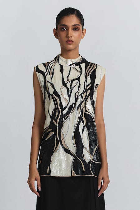 Line Out Line Sequined Abstract Pattern Blouse 