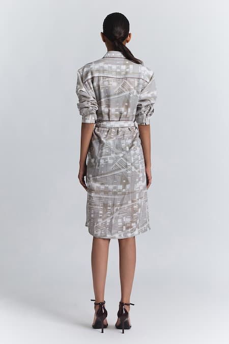 Line Out Line Printed Shirt Dress With Belt 