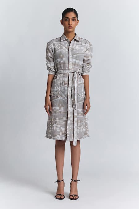 Line Out Line Beige Cotton, Linen Piping Collared, Button-down Printed Shirt Dress With Belt