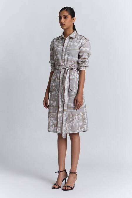 Line Out Line Beige Cotton, Linen Piping Collared, Button-down Printed Shirt Dress With Belt Online at Aza Fashions Line Out Line_Beige Cotton, Linen Piping Collared, Button-down Printed Shirt Dress With Belt _Online_at_Aza_Fashions
