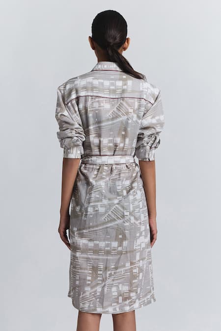 Shop Line Out Line Beige Cotton, Linen Piping Collared, Button-down Printed Shirt Dress With Belt Online at Aza Fashions Shop_Line Out Line_Beige Cotton, Linen Piping Collared, Button-down Printed Shirt Dress With Belt _Online_at_Aza_Fashions