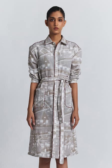 Line Out Line Beige Cotton, Linen Piping Collared, Button-down Printed Shirt Dress With Belt at Aza Fashions Line Out Line_Beige Cotton, Linen Piping Collared, Button-down Printed Shirt Dress With Belt _at_Aza_Fashions
