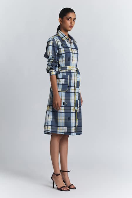 Line Out Line Blue Cotton Satin Collared Plaid Shirt Dress Online at Aza Fashions Line Out Line_Blue Cotton Satin Collared Plaid Shirt Dress _Online_at_Aza_Fashions