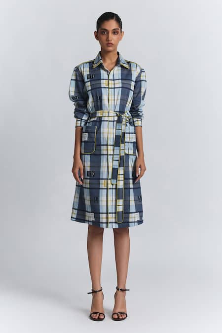 Line Out Line Blue Cotton Satin Collared Plaid Shirt Dress